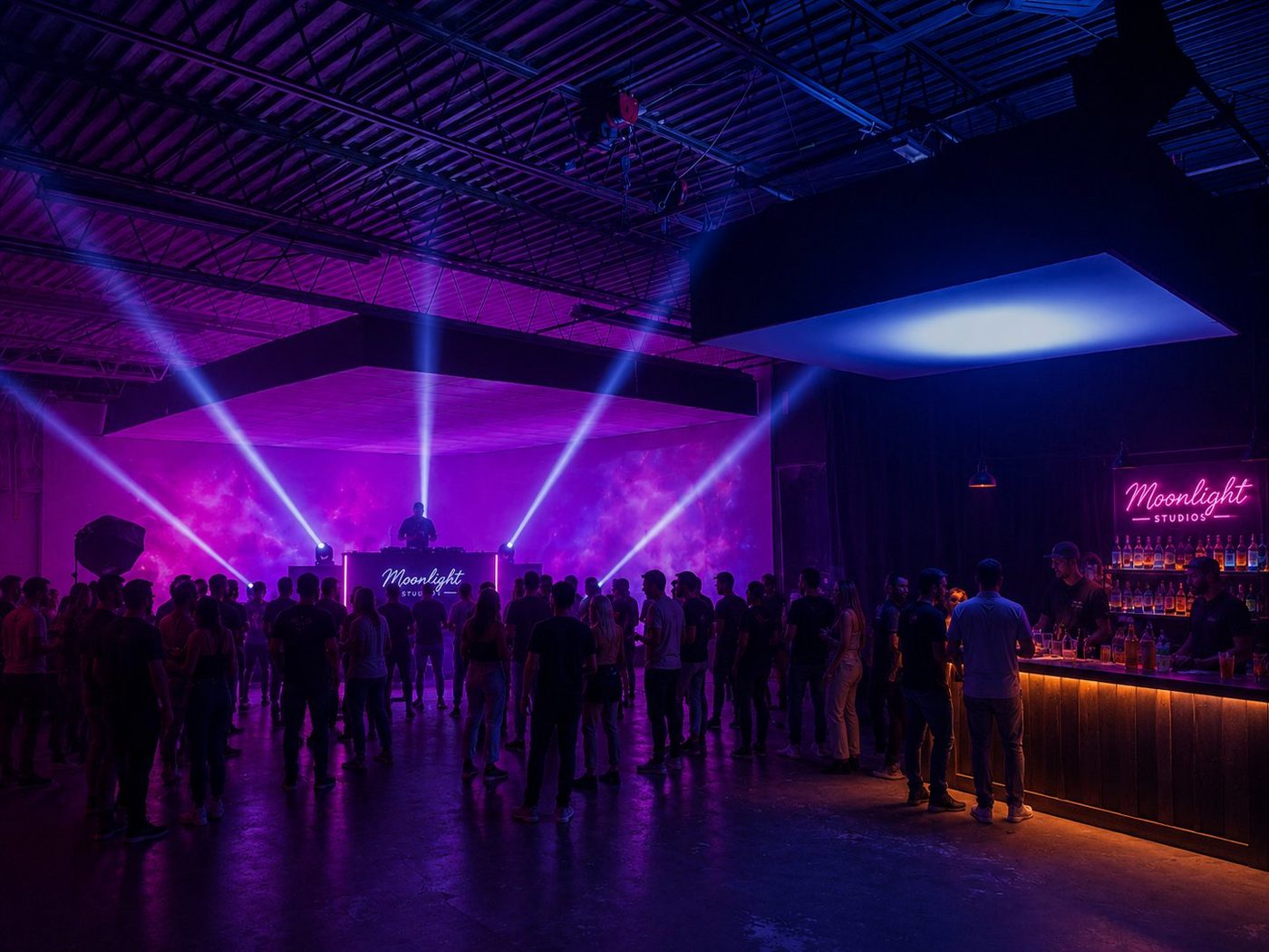 The Void during a live Moonlight party with a crowd, lasers, DJ and bar