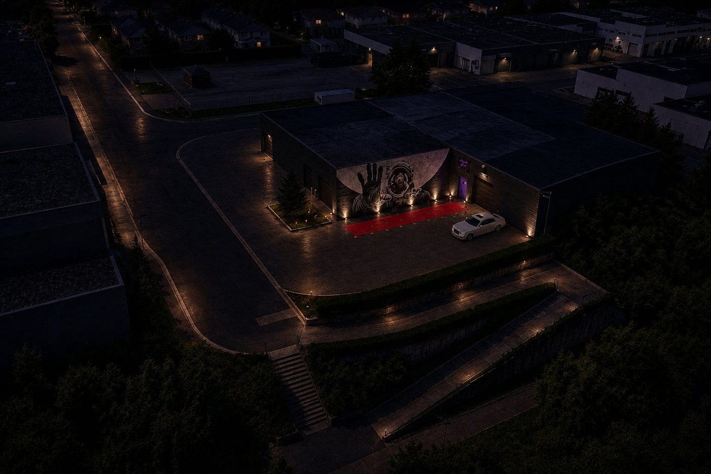 The lot at night with red carpet, valet car and the mural lit up